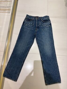 Veronica Beard Blue Straight-Leg Jeans with Pearl Embellishments